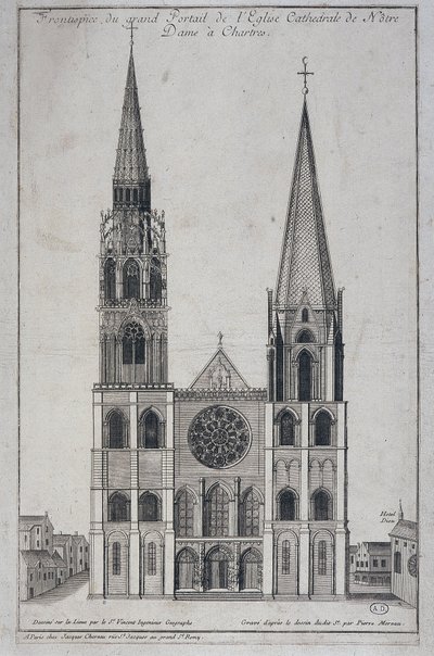 Frontispice velkého portálu kostela Cathedrale de Notre Dame à Chartres, navržený přímo na místě geografem Saint Vincentem, sd. 19. století od French School