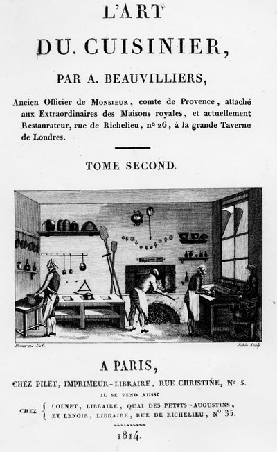Frontispis z LArt du Cuisinier od Antoina Beauvillierse, vyrytý Jubinem, vydáno 1814 od French School