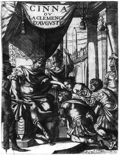 Frontispis Cinna ou la Clemence dAuguste od Pierra Corneille (1606-84) vydaný v roce 1643 od French School
