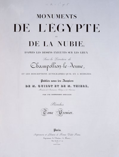 Frontispis 1. svazku knihy Monuments de lEgypte et de la Nubie od autora, vydané v Paříži firmou Firmin-Didot, 1835. od French School