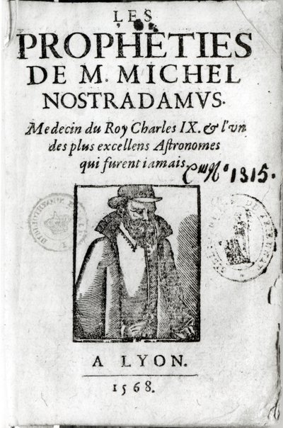 Frontispis k Les Propheties de M. Michel de Nostradamus (1503-66), s portrétem Nostradama, vydaný v Lyonu 1568 od French School