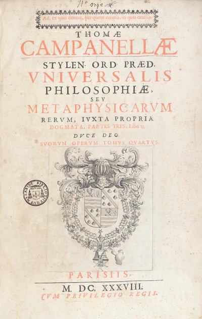 Frontispis knihy Universalis Philosophiae od Tommasa Campanelly, vydané v Paříži roku 1638. od French School