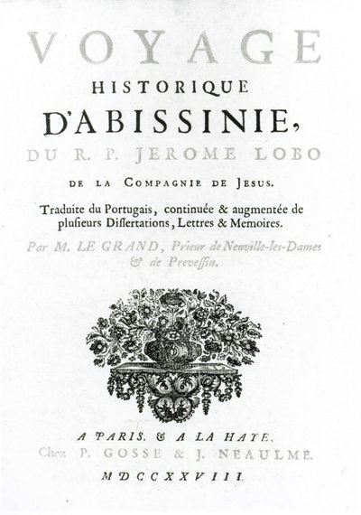 Frontispis k francouzskému překladu Cesty do Habeše od Jeronima Loba (asi 1596-1678) vydaného v roce 1728 od French School