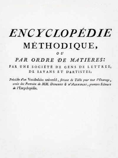 Frontispis k Methodical Encyclopedia by Order of Subject Matter, editovali Denis Diderot a Jean Le Rond DAlembert, vydáno 1782 (tisk) od French School