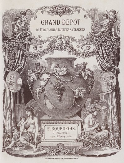 Frontispis do katalogu Grand Depot de Porcelaines, Faiences et Verreries (barevné lito) od French School