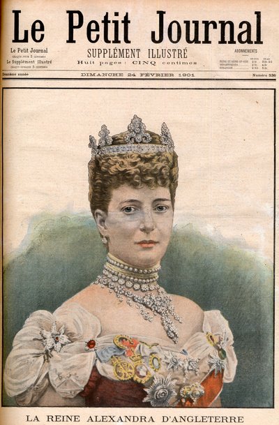 Titulní strana královny francouzských novin Alexandra Anglická (1844-1925) manželka krále Edwarda VII. „Le Petit Journal“ 24. února od French School