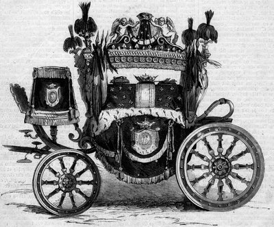 Tank Funebre používaný během obsekávání prince Jerome Bonaparte (1784-1860). Rytina v „“ Le Monde Illustré““ č. 169 ze 7. července 1860. od French School