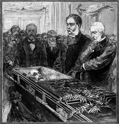 Pohřeb Jamese Abrama Garfielda (1831-1881), prezidenta Spojených států: jeho nástupce, Chester Alan Arthur (1830-1886) a tajemník Blain před rakví pod kupolí washingtonského Kapitolu. Gravírování v “” Le Monde Illustré”” č. 1282 of od French School