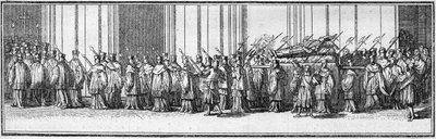 Pohřeb papeže v 18. století: tělo papeže nese do kostela svatého Petra v Římě. Rytina v „Histoire des religions““. od French School