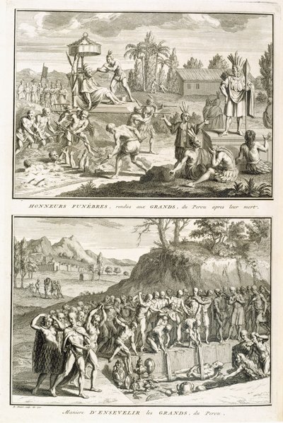 Pohřební rituály a způsob pohřbívání pánů po jejich smrti v Peru, ilustrace z Náboženských obřadů a zvyků, vyryl Bernard Picart (1673-1733) 1722 od French School