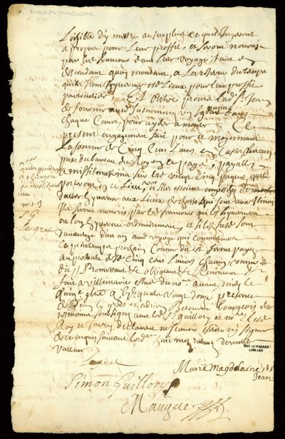 Smlouva o obchodu s kožešinami mezi Francoisem Francoeurem a čtyřmi voyageurs o přepravě zboží a nákupu bobřích pelet v Michilimackinacu a Chicagu, 1692 (viz také 332318) od French School