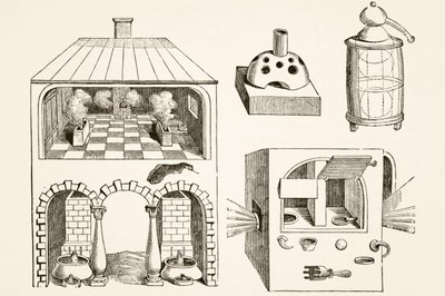 Pece a různé přístroje používané chemiky a alchymisty ve středověku, po rytině od Vriese, z Science and Literature in The Middle Ages od Paula Lacroix pub. Londýn 1878 od French School
