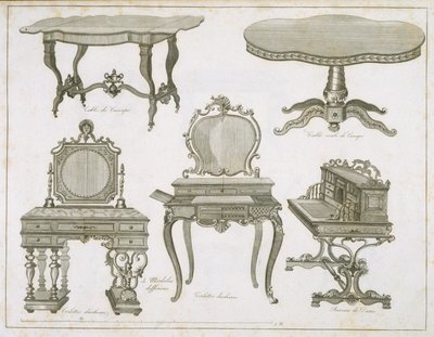 Návrhy nábytku od Lefevre-Chauveaux, z alba Dessins de Meubles, černobílá rytina od French School