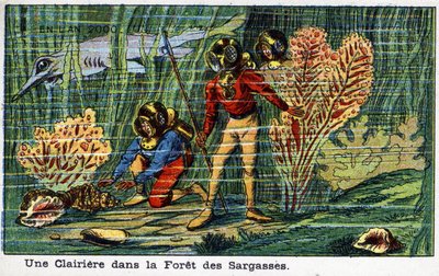 Budoucí dny: Vize roku 2000 z devatenáctého století – série „“ V roce 2000“: mýtina v Sargasovém lese (pod mořem). Chromolitografie od Villemarda od French School