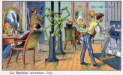 Budoucí dny: Vize roku 2000 devatenáctého století – série „“ V roce 2000““: Nová hra holič (automatický stroj). Chromolitografie od Villemarda od French School