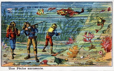 Budoucí dny: Vize roku 2000 ze série devatenáctého století: Zábavné rybaření (pod mořem). Chromolitografie od Villemarda od French School