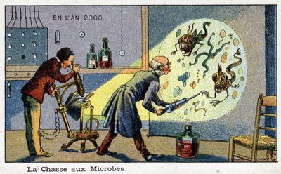 Futuredays: A Devatenáctého století vize roku 2000 Series: The Hunting of Microbes (2 vědci odstraňující zvětšené mikroby pomocí stroje). Chromolitografie od Villemarda od French School