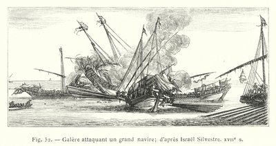 Galley útočící na velkou loď; podle Israel Silvestre, 17. století (rytina) od French School