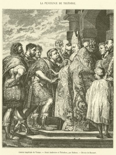 Císařská galerie ve Vídni, svatý Ambrož a Theodosius (rytina) od French School