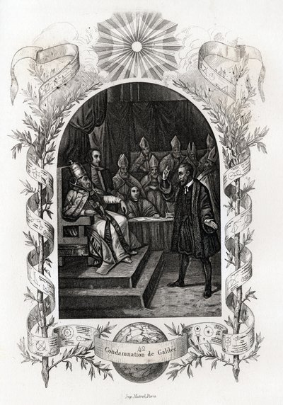 Galilee (nebo Galileo Galilei (1564-1642)) před Svatým úřadem ve Vatikánu““ Astronom byl odsouzen inkvizičním tribunálem v roce 1632. Rytina pro ilustraci Histoire des Popes od Maurice Lachatre (1814-1900), librairie du progres, Paříž. od French School