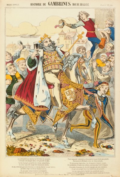 Gambriunus, legendární král Flander, brožovaný list vydaný nakladatelstvím Verlag Haguenthal, Pont-a-Mousson, 1860 od French School