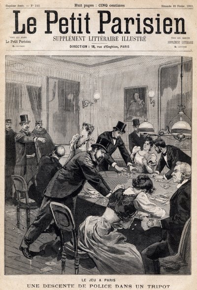 Herna v Paříži: Policejní razie v herním klubu (kasinu). Jeden z novin "Le Petit Parisien"" dne 26.2.1893 (rytina) od French School
