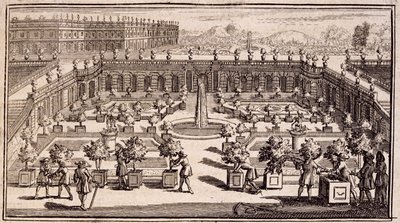 Zahradníci pracující v pomerančové zahradě, z Le Parfait Jardinier, ou Instruction pour les Jardins Fruitiers et Potager, od Jean de la Quintinye, vydáno 1695 od French School