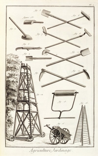 Zahradnické nářadí a mobilní plošina na prořezávání z Encyklopedie des Sciences et Metiers od Denise Diderota (1713-84) vydané kolem roku 1770 od French School