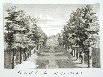 Zahrady v Tshehar-Bagh, Isfahan, z knihy Voyages du Chevalier Chardin en Perse, et autres Lieux de l