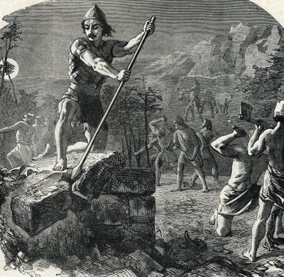 Gedeon (Gideon) detruit Baalův oltář, který uvrhl jeho lid do modloslužby (Gideon nebo Gedeon zničil Baalův oltář) Rytina ze soukromé sbírky „Svatá historie Lahure 19. století“ od French School
