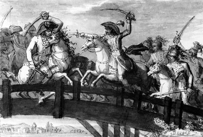 Generál Alexandre Dumas, Horatius Cocles z Tyrolska. vlastní zabití tří rakouských protivníků na Clausenově mostě v roce 1797, kolem roku 1797 (kvaš) od French School