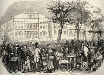 Celkový pohled na boulevard du Temple v Paříži - pouliční prodavači - Paříž - Celkový pohled na boulevard du Temple - Záchranáři obchodníků - Rytina v „Tableau-de-Paris“ od Edmonda Texiera 1852 od French School