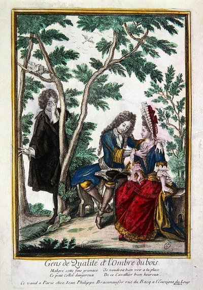 Gentleman dvořící se dámě ve stínu lesa,(kolorovaná rytina) od French School
