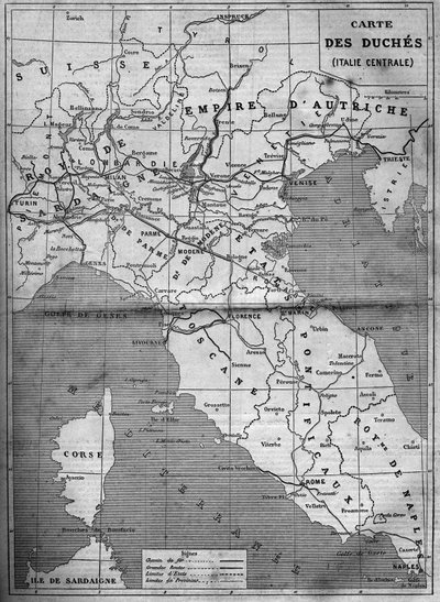 Zeměpisná mapa vévodkyně střední Itálie v roce 1860. Rytina v „“ Le Monde Illustré““ č. 143 ze 7. ledna 1860. od French School