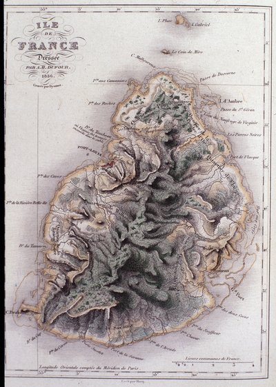 Zeměpisná mapa Mauricia (Anc. Ile de France) - rytina od French School
