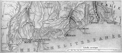Zeměpisná mapa Principaute de Monaco, v roce 1861, než se město Roquebrune a Menton připojilo k Francii. Rytina v „“ Le Monde Illustré““ č. 202 z 23. února 1861. od French School