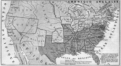 Zeměpisná mapa Spojených států amerických v březnu 1861. V běhu jsou zastoupeny otrokářské státy. Bíle napsané názvy sedmi konfederačních států, které se oddělily od Unie: Texas, Jižní Karolína, Mississippi, Florida, Alabama, Georgi od French School