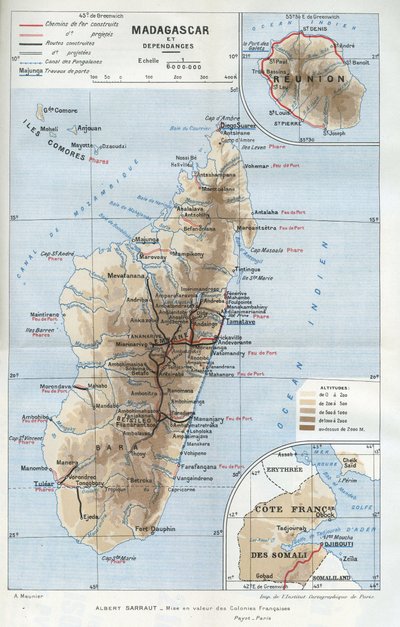 Geografická mapa kolonie Madagaskar a jejích závislých území, Réunionu a francouzského pobřeží Somálska. in "La mise en valeur des colonies francaises", Albert Sarraut od French School