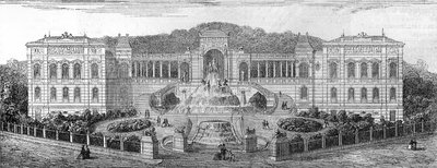 Geometrický pohled na Palais de Longchamp v Marseille, Bouches du Rhone (13), postavený v roce 1862 Henri Jacques Esperandieu (1829-1874). Rytina do „“ The Illustrated World““ č. 681 z 30. dubna od French School