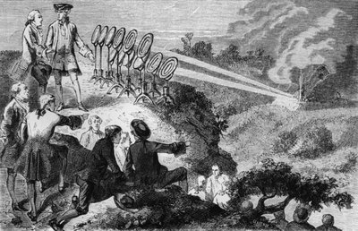 Georges-Louis Leclerc (1707-88) hrabě de Buffon experimentující s planoucími zrcadly na kupkách sena na Montbardu, z La Vie des Savants Illustres od Louise Figuiera, publikované v Paříži v roce 1872 (bw p od French School