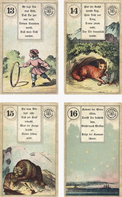 Německé vydání francouzského kartomanického balíčku Lenormand: Dítě, Liška, Medvěd, Hvězda, vydáno nakladatelstvím Dondorf, Frankfurt nad Mohanem, 19. století. od French School