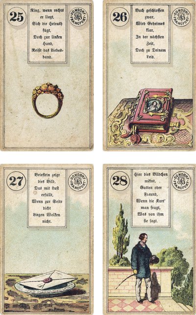 Německé vydání Lenormandské francouzské cartomancy deck: The Ring, The Book, The Letter, The Gentleman, vydal Dondorf, Frankfurt, 19. století od French School