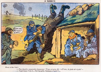 Německý voják zajatý francouzskými vojáky v důsledku triku, karikatura z vydání časopisu La Baionette z dubna 1917 (Poisson dAvril), 29. března 1917 od French School