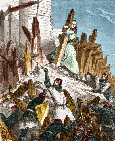 Geurre proti Hugues du Puiset od Louis le Gros: Útok na Chateau du Puiset (nacházející se v departementu Eure-et-Loir) silami francouzského krále LOUIS VI le Gros v roce 1118. Rytina v „Histoire De France En Sto obrazů od Paula Lehugeura od French School