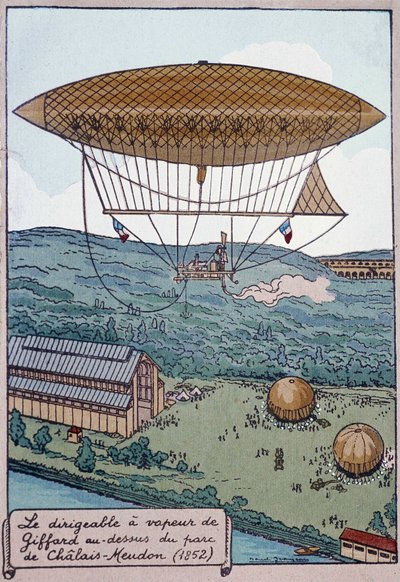 Giffardův vzduchový parní aerostat nad parkem Chalais od French School