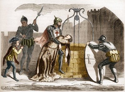 Gilles de Rais (Retz nebo Rays) (1404-1440), marechal z Francie dělá svou ženu perir. Rytina do „Historie prostituce a zhýralosti mezi všemi národy světa od starověku po současnost“ od Dr. Th. -F. Debray. 1879. od French School