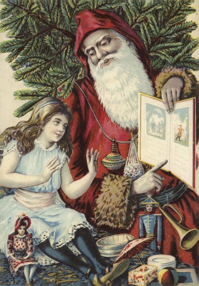 Dívka je zobrazena ilustrovaná kniha od Father Christmas od French School