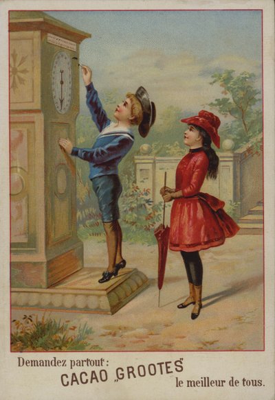 Dívka sleduje chlapce, jak nastavuje hodiny (chromolitho) od French School