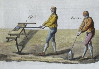 Foukání skla, detail, ilustrace z Encyclopedie des Sciences et Metiers od Denise Diderota (1713-84) rytina Roberta Benarda (fl.1734) vydaná kolem roku 1770 (barevná rytina) (viz také 326118) od French School