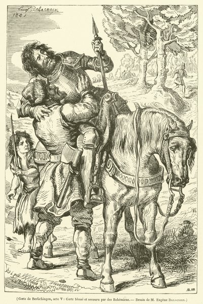 Goetz de Berlichingen, dějství V, Goetz zraněn a zachráněn Bohemkami (rytina) od French School